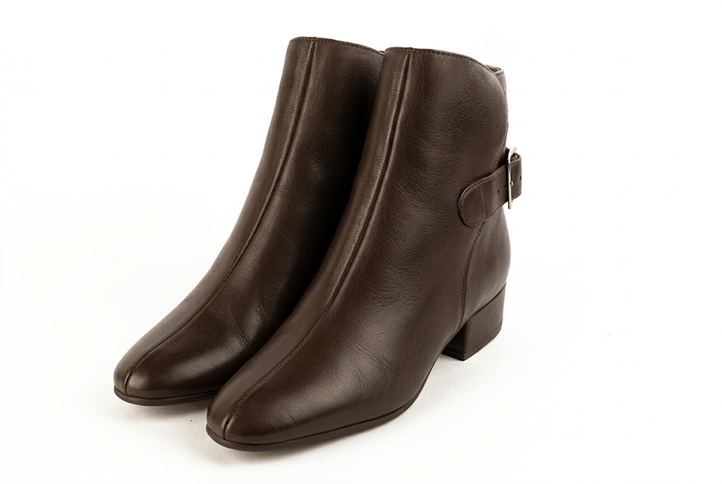 Women's dark brown back-buckle ankle boots with round toe and low block heel - Front view